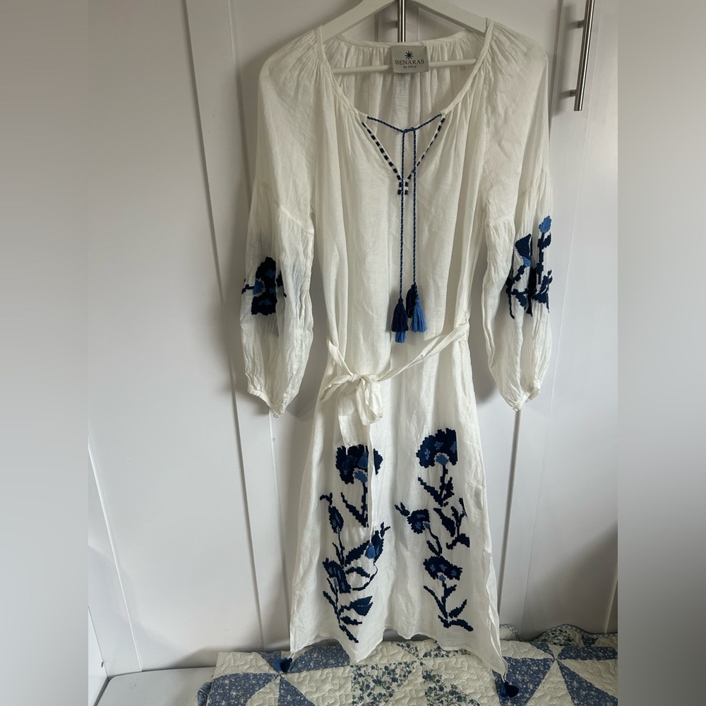 Benaras by Citrus white with blue embroidery belted boho midi dress